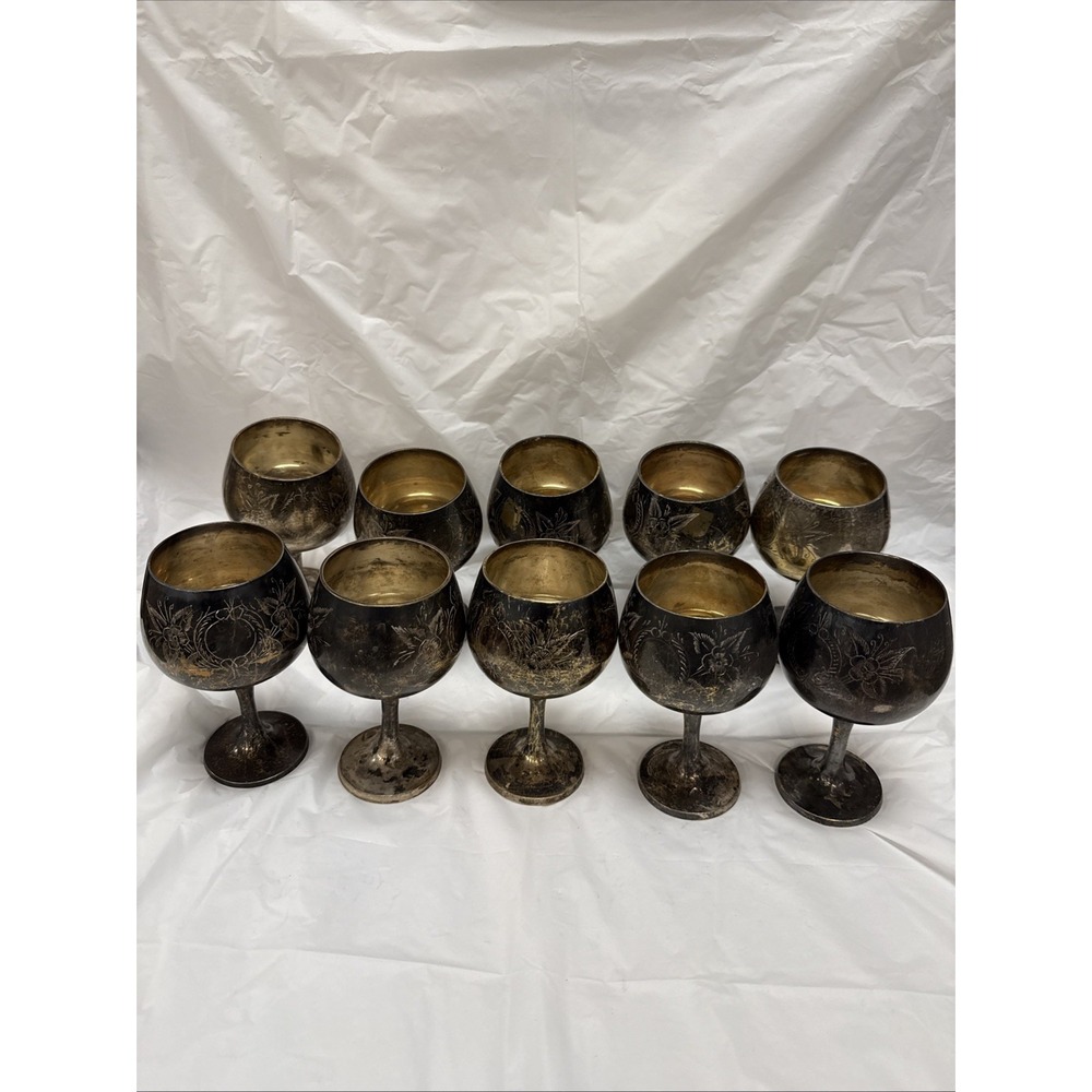 10 PC Silver Plated EPNS Wine Water Goblets with Incised Etched Floral Design